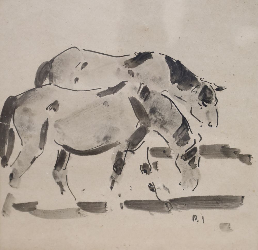 Henry William Phelan Gibb (1870-1948), ink and watercolour on paper, Study of two horses, initialled, 24 x 24cm